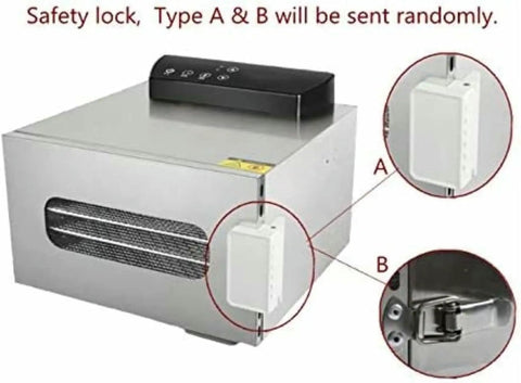 Close-up of six layer stainless steel food dehydrator with safety lock types A and B shown on the side, highlighting functionality.