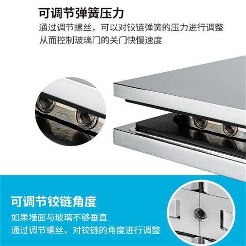 Close-up of Badass Brass Frameless Shower Room Glass Door Clamp With Top Shelf Chrome Finish For Bathroom adjustable hinge details.