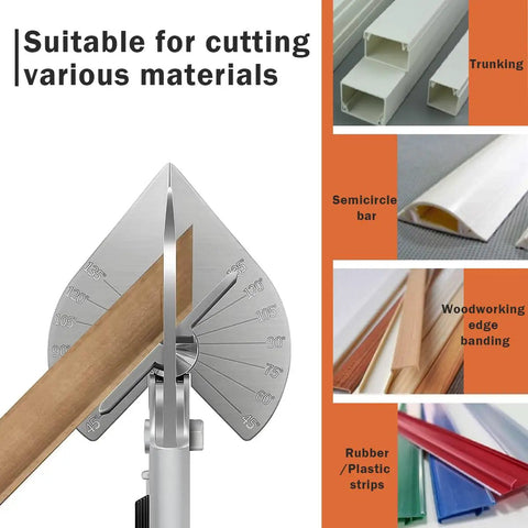 Multi Angle Miter Shear Cutter for Wood PVC and Molding Trim with 45 and 90 Degree Cutting Capability shown with materials