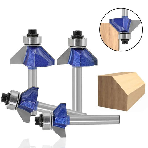 Pro Grade Bevel Edge Router Bit Set 4Pcs One Quarter Inch Shank 45 Degree Chamfer Bits With Top Bearing For Clean Bevels