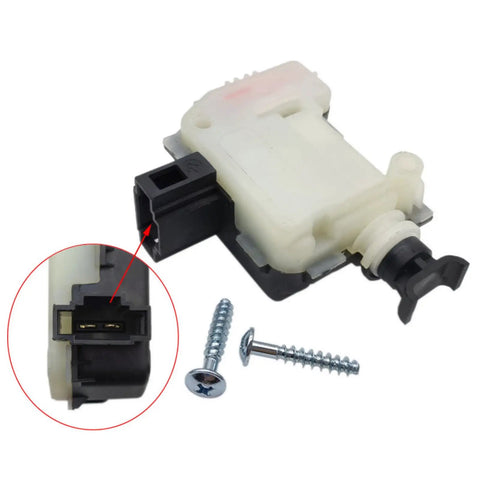 Close-up of a rear trunk lock actuator servo motor replacement for VW Jetta Golf MK4 1998 2006 Beetle 1999 2010 with screws included
