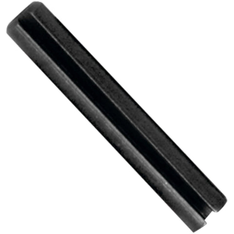 Close-up of a black carbon steel roll pin from the Roll Pin Assortment Kit With 10 Most Popular Sizes In A Resealable Plastic Case, Handy Grab And Go 120 Piece Set For Your Garage, Shop Or Home Repairs, Built For Quick Fit And Easy Access Pins For All Your Mechanical Projects.