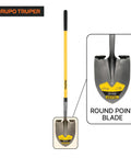 Round Point Shovel With 48-Inch Fiberglass Handle And 9-Inch Grip For Heavy Duty Digging And Gardening, displayed vertically