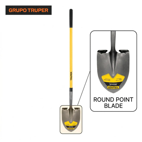 Round Point Shovel With 48-Inch Fiberglass Handle And 9-Inch Grip For Heavy Duty Digging And Gardening, displayed vertically