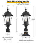 Outdoor Post Light Fixture With Pier Mount, 20-Inch High Matte Black Lantern With Clear Seeded Glass, 60W Post Lamp For Driveways And Yards, Six-Sided Glass, Durable 2 Pack, with size and mounting options displayed.