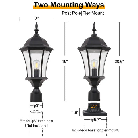Outdoor Post Light Fixture With Pier Mount, 20-Inch High Matte Black Lantern With Clear Seeded Glass, 60W Post Lamp For Driveways And Yards, Six-Sided Glass, Durable 2 Pack, with size and mounting options displayed.