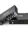 2x2 USB Audio Interface For Recording Music, 24 Bit 192 KHz, front and back view of compact black unit for PC and Mac