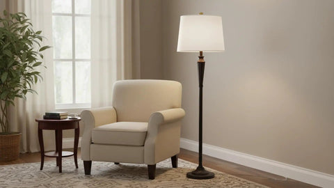 White Linen Empire Lamp Shade With Brass Spider Fitter Transitional Style 14 Inch Top 16 Inch Bottom 12 Inch Slant Height Harp Attachment Ready For Harp Lamps shown on a floor lamp in a living room setting.