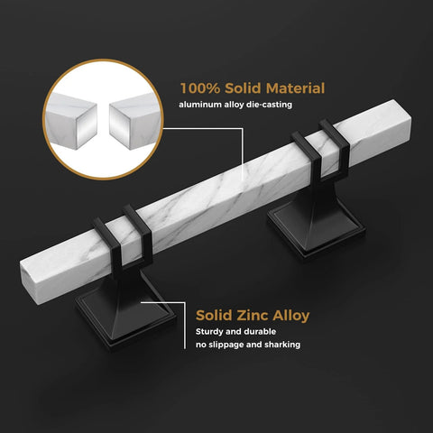 10 Pack 3 Inch Marble Cabinet Pulls With White Marble Grain Finish For Kitchen Cabinets And Dresser Drawers Black And White Modern Hardware displaying solid zinc alloy construction.