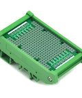 Close-up of DIN Rail Mounting Carrier Housing With Prototype PCB Board For DIY Electronics Projects, fits 35mm 32mm or 15mm DIN Rails.