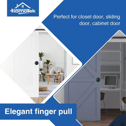 Four Pack Round Sliding Closet Door Handles, 2-1/2 Inch Diameter Black Flush Pocket Pulls For Recessed Bypass Doors, Stainless Steel Barn Door Finger Pull Set With Matte Black Or Brushed Stainless Finishes shown on white and blue doors indoors