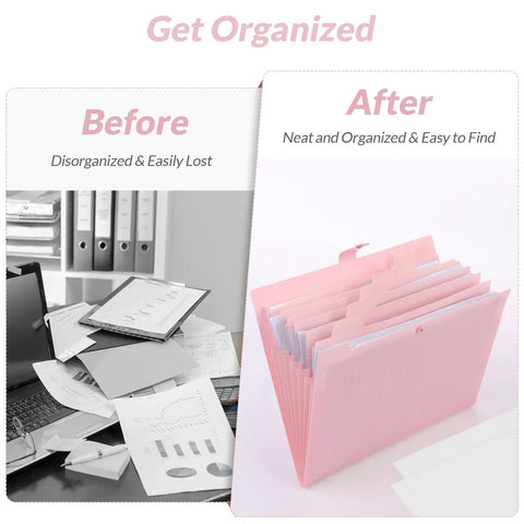 Before and after using Pink 8 Pocket Expanding File Folder Accordion Organizer For School Office And Hospital Fits Letter And A4 Size