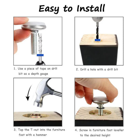 Instructions for installing 30 Piece Adjustable Furniture Leveler Pads to Kick the Wobble Out of Your Tables and Dressers.