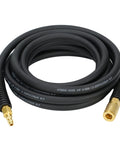 Tough As Nails Rugged 100 Ft 1/4 Inch Air Compressor Hose Built To Last Forever With Premium Polyurethane Core and Braided Sleeve Featuring Easy Install Quick Connect Fittings 300 Psi coiled on a surface.