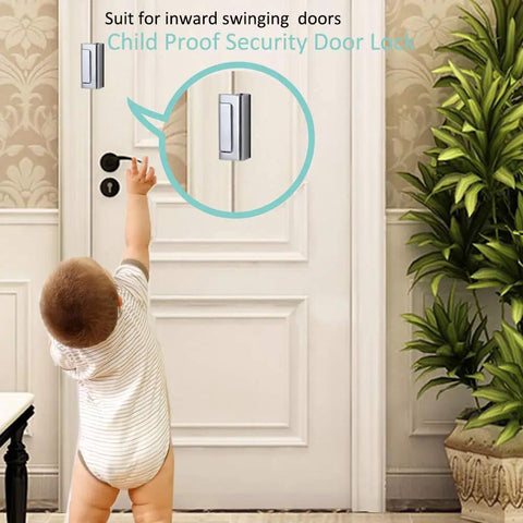 Child reaching for Lock It Down Home Security Door Lock Set 2 Pack Child Proof Reinforcement Locks With Screws for Inward Swinging Doors