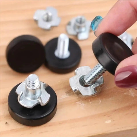 Adjustable Furniture Feet For Tables And Chairs With Leveling Posts, shown on wooden surface, emphasizing easy install hardware.