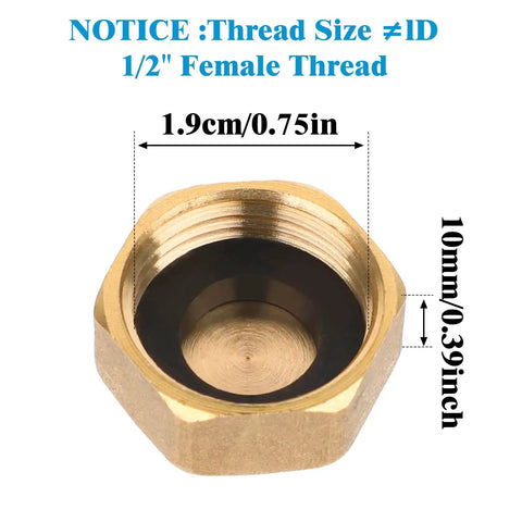 Half inch brass blanking nut cap with measurements displayed, used for plumbing fittings like washing machines and radiator valves.