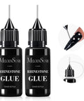 Two Pack Rhinestone Glue For Nails Ultra Strong 3D Gel Nail Art Adhesive For Nail Charms Gems Jewelry Decoration Do It Yourself Manicure At Home Cure Under LED UV Light Perfect Gift For Women, showing two bottles with applicator tips and nail art application.