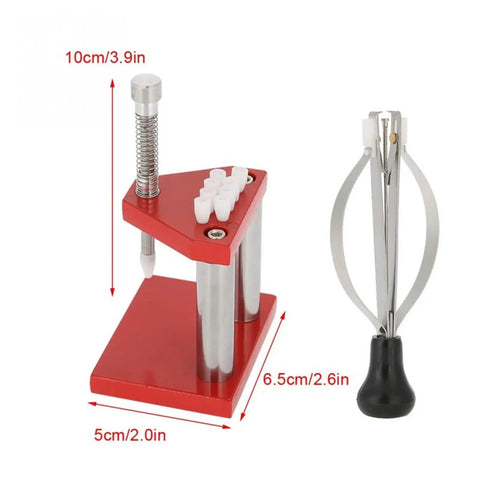 Red Watch Repair Tool Kit With Hand Plunger Puller Remover Set, Solid Alloy Steel Build And 10 Plastic Dies, side view