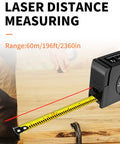 Beast 3 In 1 Laser Tape Measure With Digital Tape Mode And Pythagorean Calculations 196 Ft Laser Range 60 M 16 Ft Digital Tape Regular Tape Area And Volume Calculator Rechargeable For Diy Projects. Black laser tape measure with yellow tape extended on wood surface