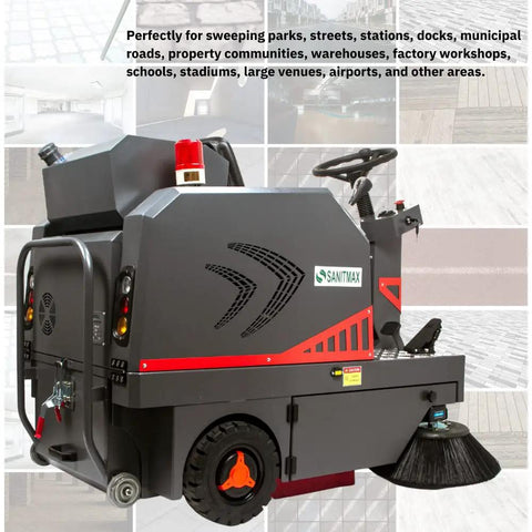 Badass 49 Inch Ride On Industrial Floor Sweeper Machine With 26 Gallon Hopper And Water Dust Control Tank shown from side angle with sweeping brush.