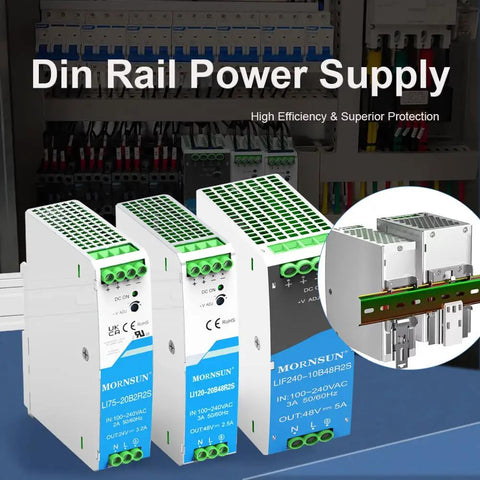 Heavy Duty Ac Dc Din Rail Power Supply 240W 48V 5A Output With Built In Active Pfc Universal Dual Voltage Input industrial grade units on metal track.