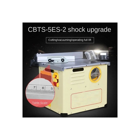Heavy Duty 1300W Electric Table Saw With Mini Sliding Woodworking Worktable showing dust extraction and table scale.