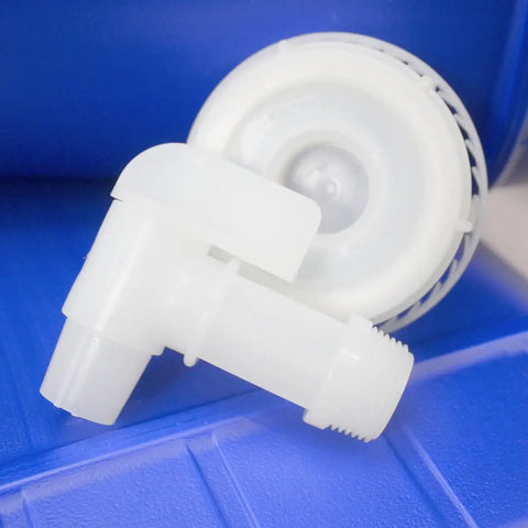 Close-up of spigot from Five Gallon Stackable Water Storage Containers Kit With Ten Lids And Two Spigots, food grade plastic.