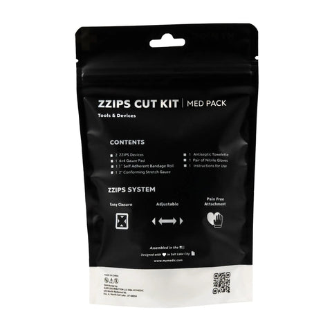 ZZips MedPack Wound Closure Kit for cuts and lacerations, black packaging with contents list and zip system diagram.