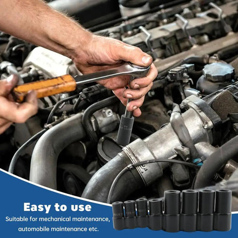Person using 70500 Tap Socket Set, 8-Piece Tap Socket Wrench Set For Fractional MCTI Standard Taps in automotive maintenance
