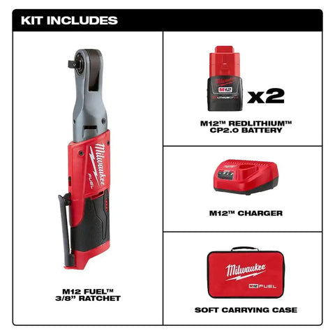 Pro Level 12 Volt Cordless Ratchet With Brushless Motor And 3/8 Square Drive Includes Two Badass Heavy Duty Batteries Plus Fast Charger, showing ratchet and accessories.