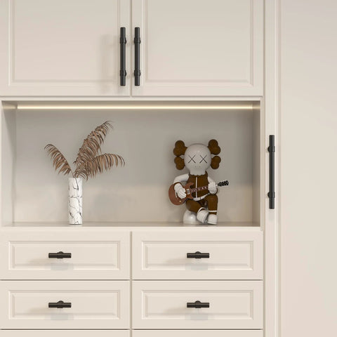 5 Pack Black Cabinet Knobs And Drawer Pulls installed on white cabinetry with modern hardware in kitchen or bathroom setting.
