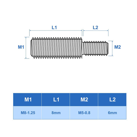 Technical diagram of Double End Threaded Studs M5 To M8 Stainless Steel 304 Reducer Adapter Set 9 Pieces with measurements.