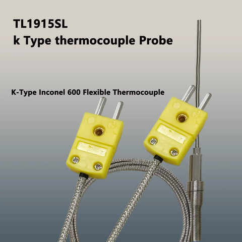 2-pack TL1915SL K-Type thermocouple probes with yellow housings, braided stainless cables, and metal tips.