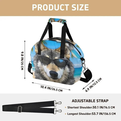 Insulated Lunch Box Tote Cooler Bag With Leakproof Design featuring a wolf print, adjustable shoulder strap, dimensions shown