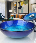 Slick Blue Countertop Bathroom Vessel Sink With Waterfall Faucet Round Glass Vessel Sink Combo Above Counter Design Modern