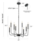 Black 8 Light Farmhouse Chandelier With Adjustable Height From 40 To 90 Inches, Dope Wrought Iron Candle Chandelier With Dimensions