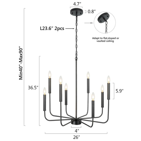 Black 8 Light Farmhouse Chandelier With Adjustable Height From 40 To 90 Inches, Dope Wrought Iron Candle Chandelier With Dimensions