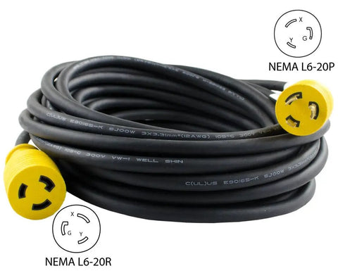 50 Foot Rubber Locking Extension Cord 12 Gauge 3 Conductor 20 Amp 250 Volt L6 20 SJOOW coiled with yellow NEMA L6-20 plug