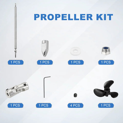 Drive Shaft With Propeller Universal Joint For RC Boats 250mm Shaft 200mm Sleeve 36mm Propeller Diameter Stainless Steel 3 Blade Paddle Fits 2mm Motor Shaft Easy Coupler Assembly Kit shown in components layout.