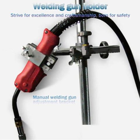 Welding gun holder for Heavy Duty Rotary Welding Positioner And 90 Degree Adjustable Tilting Table; red manual adjustment bracket detail.