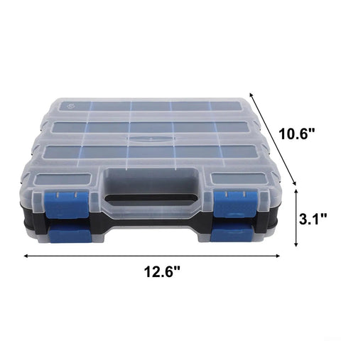 Double Sided Go To Tool Storage Box With 34 Adjustable Compartments And Removable Dividers In Yellow And Blue, Closed, Clear Lid