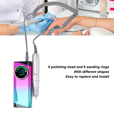 Badass Cordless Electric Nail Drill Machine Packing 30000 Rpm Power And A Massive 2600Mah Battery With Six Interchangeable Grinding Heads on a table with hands being manicured.
