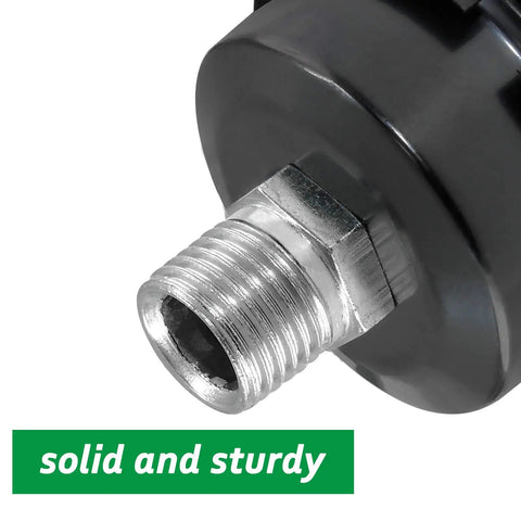 Close-up of metal thread on two pack three eighths inch air compressor muffler silencer with 16mm inlet filter, black casing
