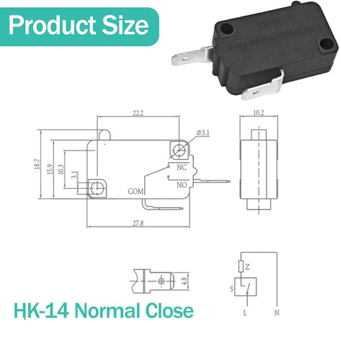 Heavy Duty Pin Plunger Micro Switch 20A 250VAC Dual Action Rated dimensions diagram showcasing normally closed design.