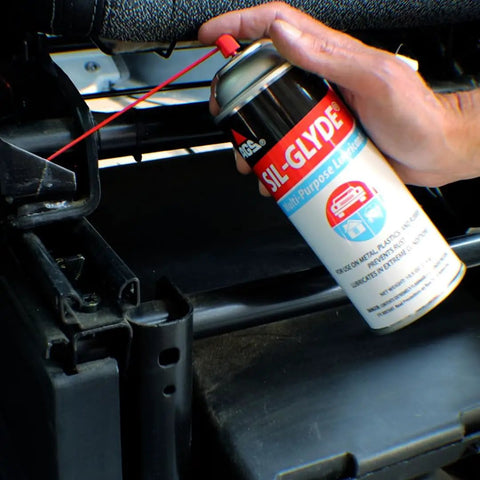 General Purpose Silicone Lubricant Spray For All Environments That Stops Squeaks And Prevents Rust, Weatherproofs Your Gear Or Rig With A Durable 10.5 Oz Bottle. on vehicle hinge