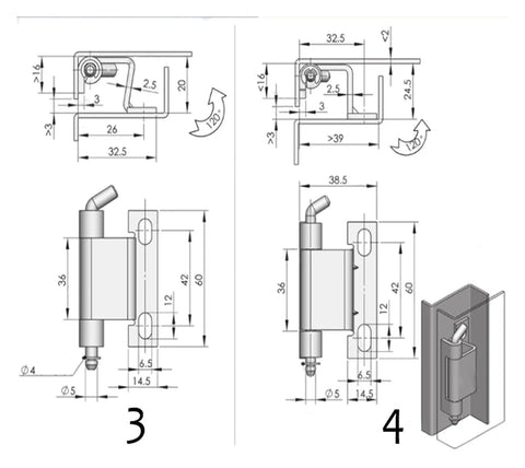 Technical drawings of distribution cabinet door hinge from the Distribution Cabinet Door Hinge And Control Box Hardware Kit For Instrument Panels And Switch Fittings Durable Construction With Easy Mount Panel Fit For Industrial Electrical Cabinets And Control Boxes
