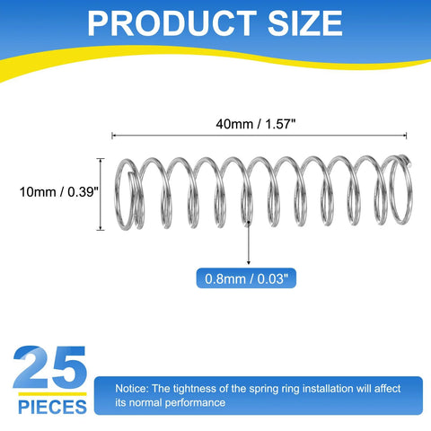 uxcell 25 pcs 304 stainless steel compression springs, 10mm OD, 0.8mm wire, 40mm length