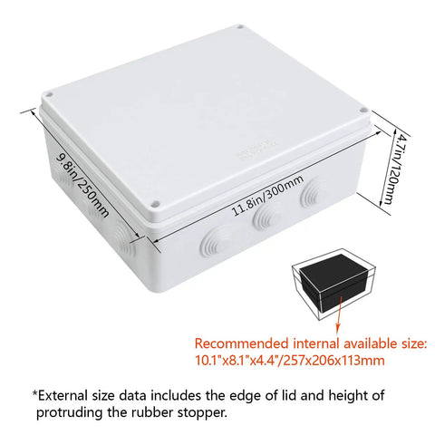 Rugged ABS Plastic IP65 Weatherproof Electrical Junction Box Enclosure For Outdoor Projects Dustproof Waterproof White 11.8 By 9.8 By 4.7 Inch CE RoHS Compliant Universal with outer dimensions labeled