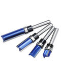 Get Ready For A Flawless Finish With This 4 Pcs Flush Trim Router Bit Set featuring four blue bits with smooth bearings and various sizes.